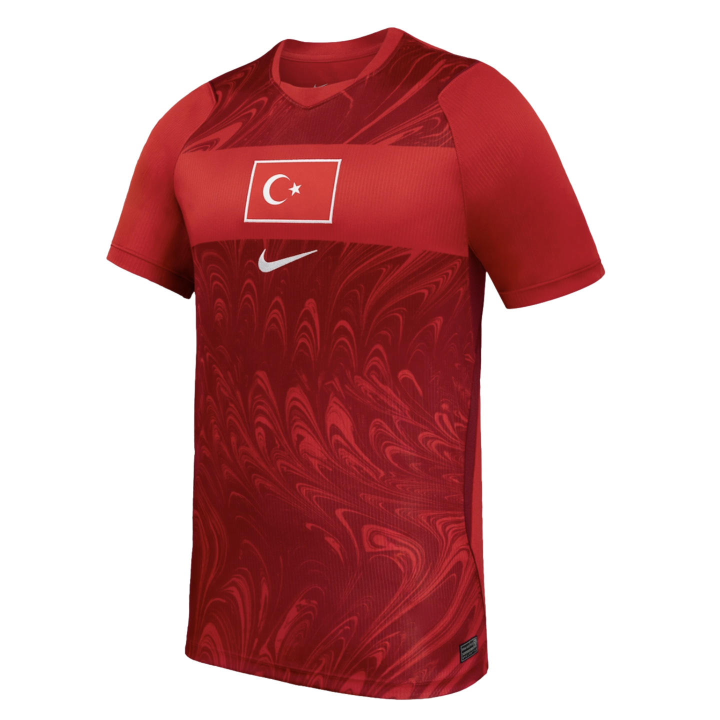 Red Nike Turkey soccer jersey with a marbled pattern, featuring the Turkish flag and white swoosh on the chest.