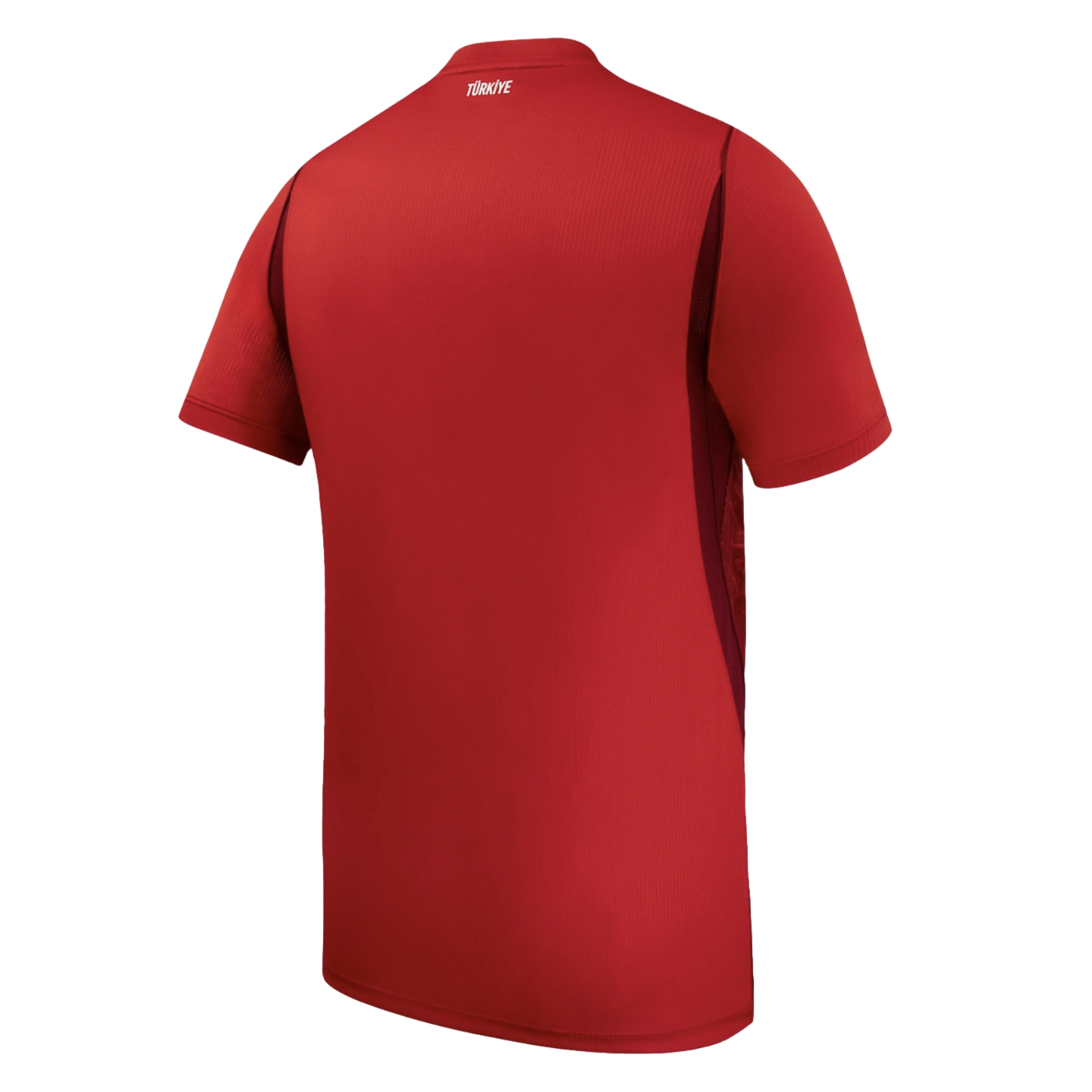 Back view of a red short-sleeved sports jersey with "TÜRKİYE" printed in white on the upper neck and dark red side panels.