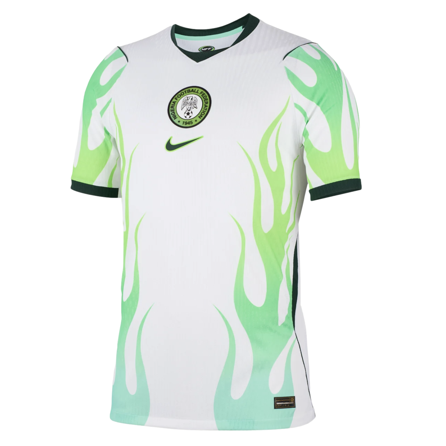 White Nike Nigeria soccer jersey with light green flame graphics on the sleeves and sides. Features a centered NFF crest and Nike swoosh.