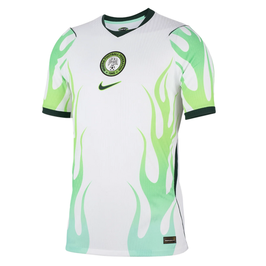 White Nike Nigeria soccer jersey with light green flame graphics on the sleeves and sides. Features a centered NFF crest and Nike swoosh.