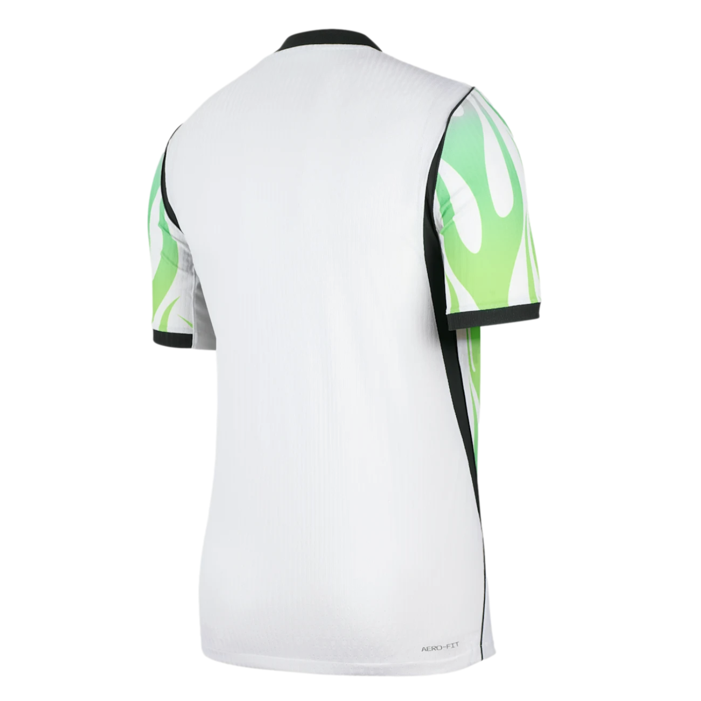 Back view of a white sports jersey with black trim and green flame-patterned short sleeves. "AERO-FIT" is printed on the bottom right hem.