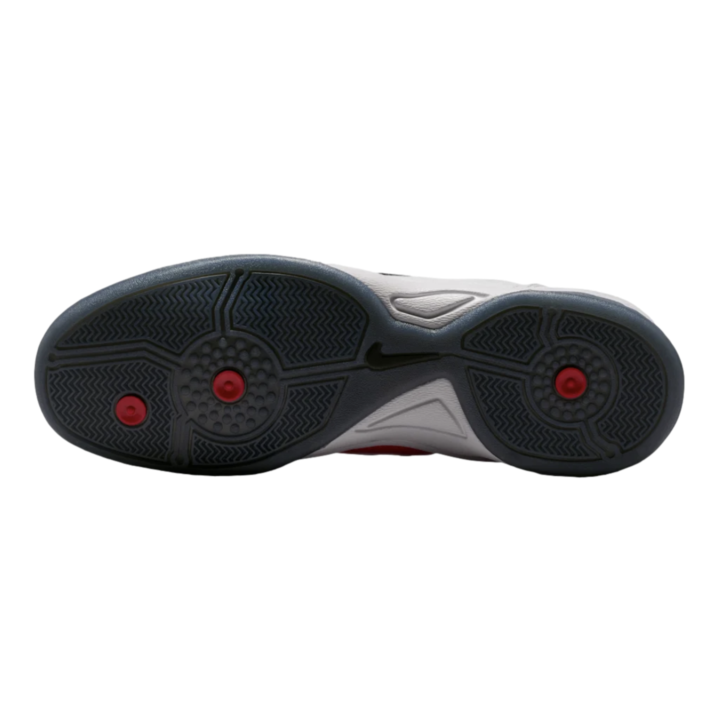Bottom view of a grey Nike athletic shoe outsole featuring a herringbone traction pattern with three red circular accents, set against a plain white background.