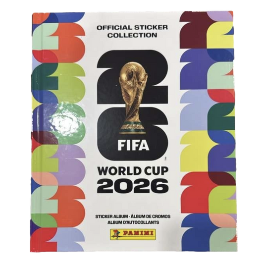 Front cover of the Panini 2026 FIFA World Cup Official Sticker Collection album, featuring the gold trophy over a large "26" with colorful patterned borders.