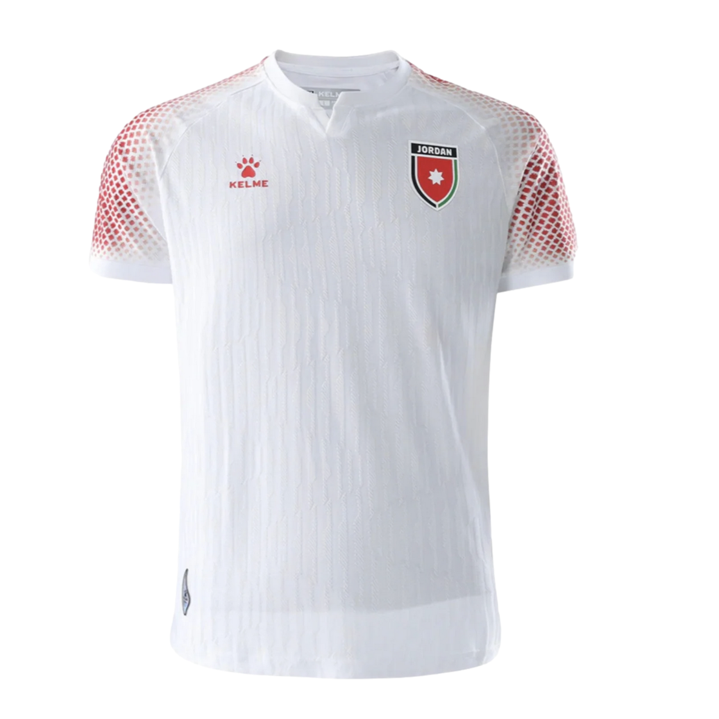 White Kelme soccer jersey for the Jordan national team featuring red patterned shoulders, the team crest, and a red brand logo on the chest.