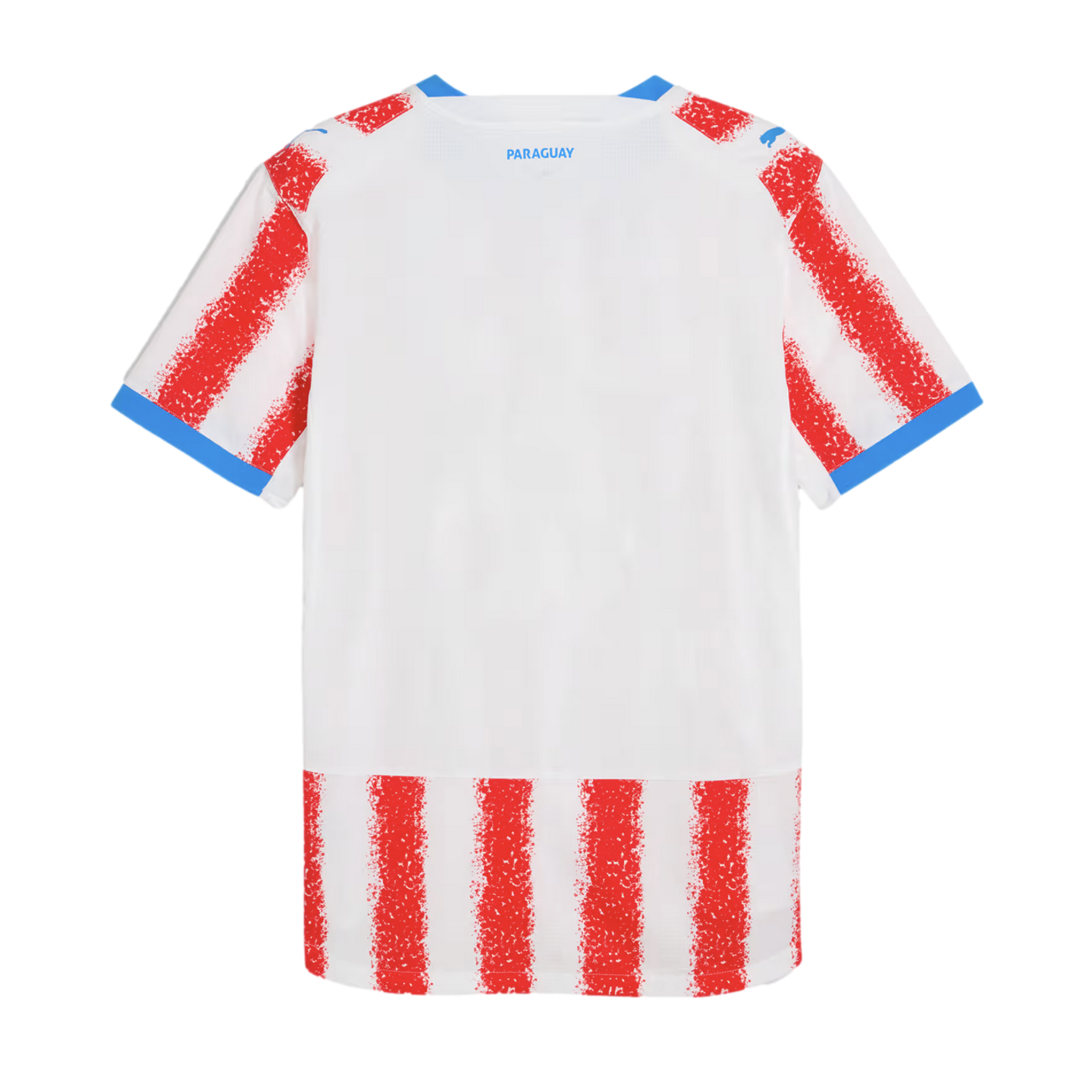 Back view of white Paraguay soccer jersey with red speckled stripes on sleeves and bottom, blue trim, and "PARAGUAY" printed on upper back.