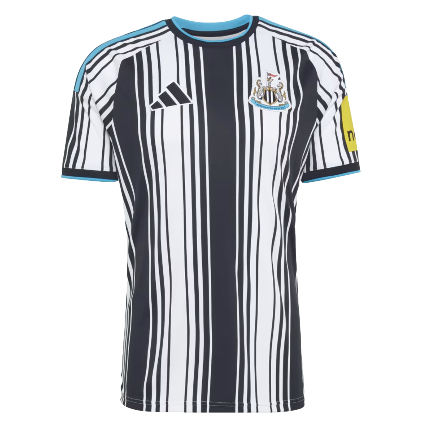 Newcastle United soccer jersey featuring barcode-style black and white vertical stripes, the club crest, Adidas logo, and light blue trim.