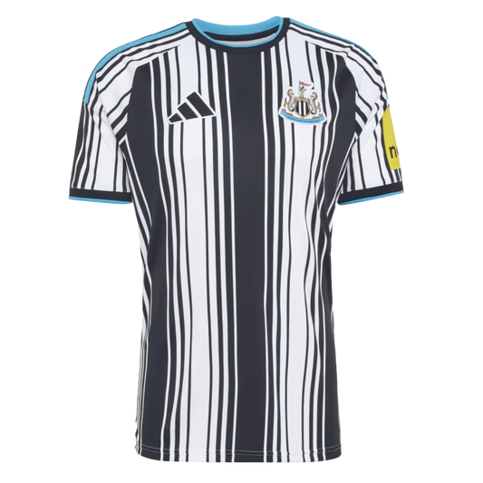 Newcastle United soccer jersey featuring barcode-style black and white vertical stripes, the club crest, Adidas logo, and light blue trim.