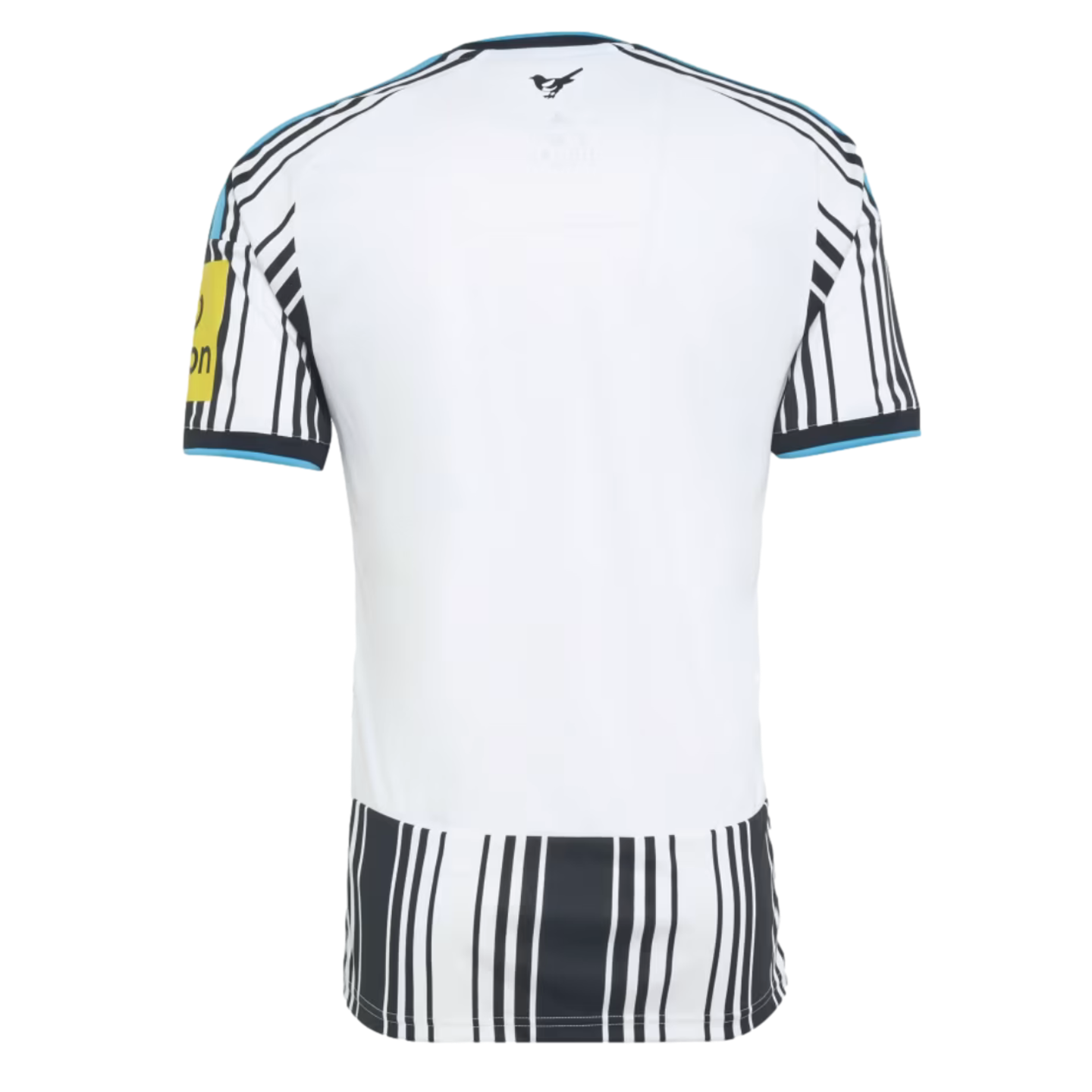 Back view of a white soccer jersey with black-and-white striped patterns on the sleeves and hem, light blue trim, and a small bird logo on the upper back.
