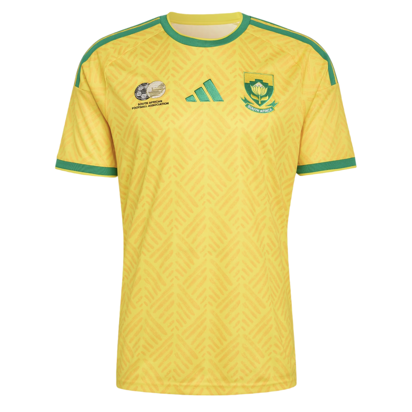 Yellow Adidas South Africa national football team jersey with green trim on the collar, sleeves, and shoulders, featuring team crests on the chest over a tonal chevron pattern.