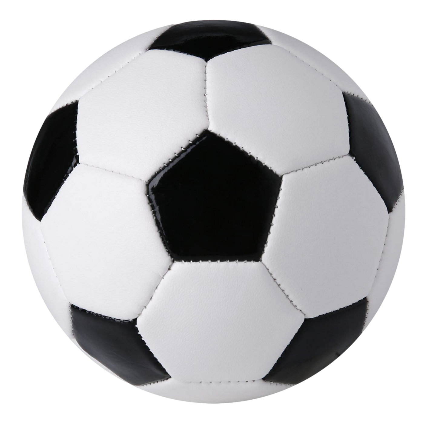 Traditional black and white soccer ball with pentagon and hexagon panels, isolated on a white background.