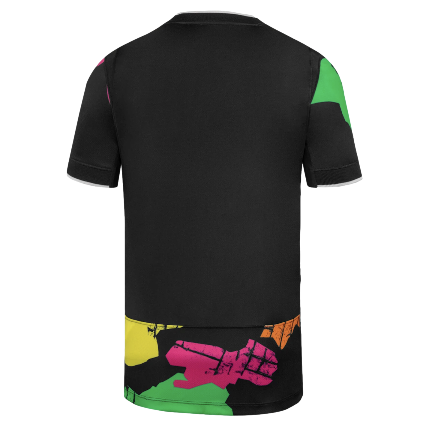 Back view of a black short-sleeve shirt featuring white-trimmed cuffs and bold, multi-colored abstract patterns along the lower hem and shoulders.
