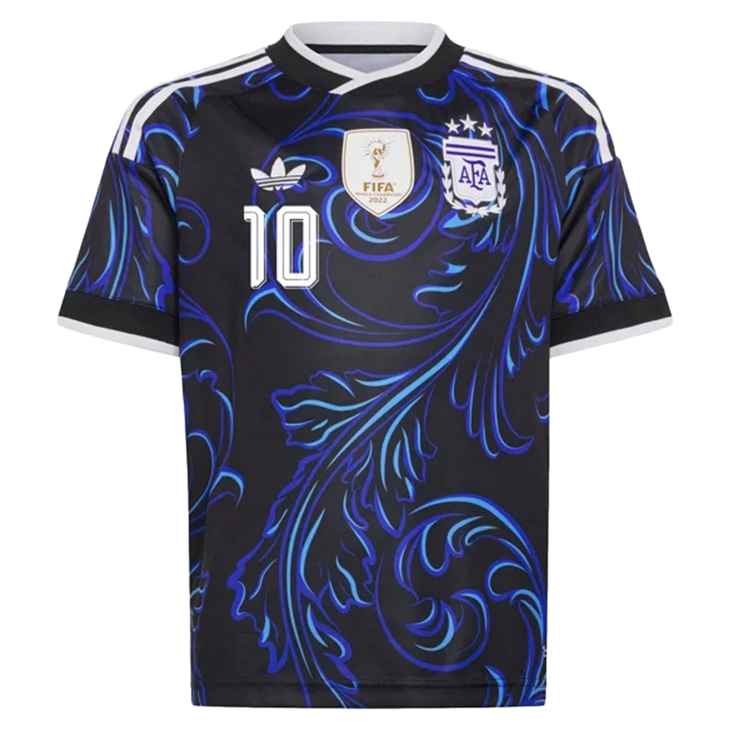 A black Argentina soccer jersey with a blue floral swirl pattern. It features the FIFA World Champions 2022 patch, the AFA crest with three stars, the number 10, and white Adidas stripes.