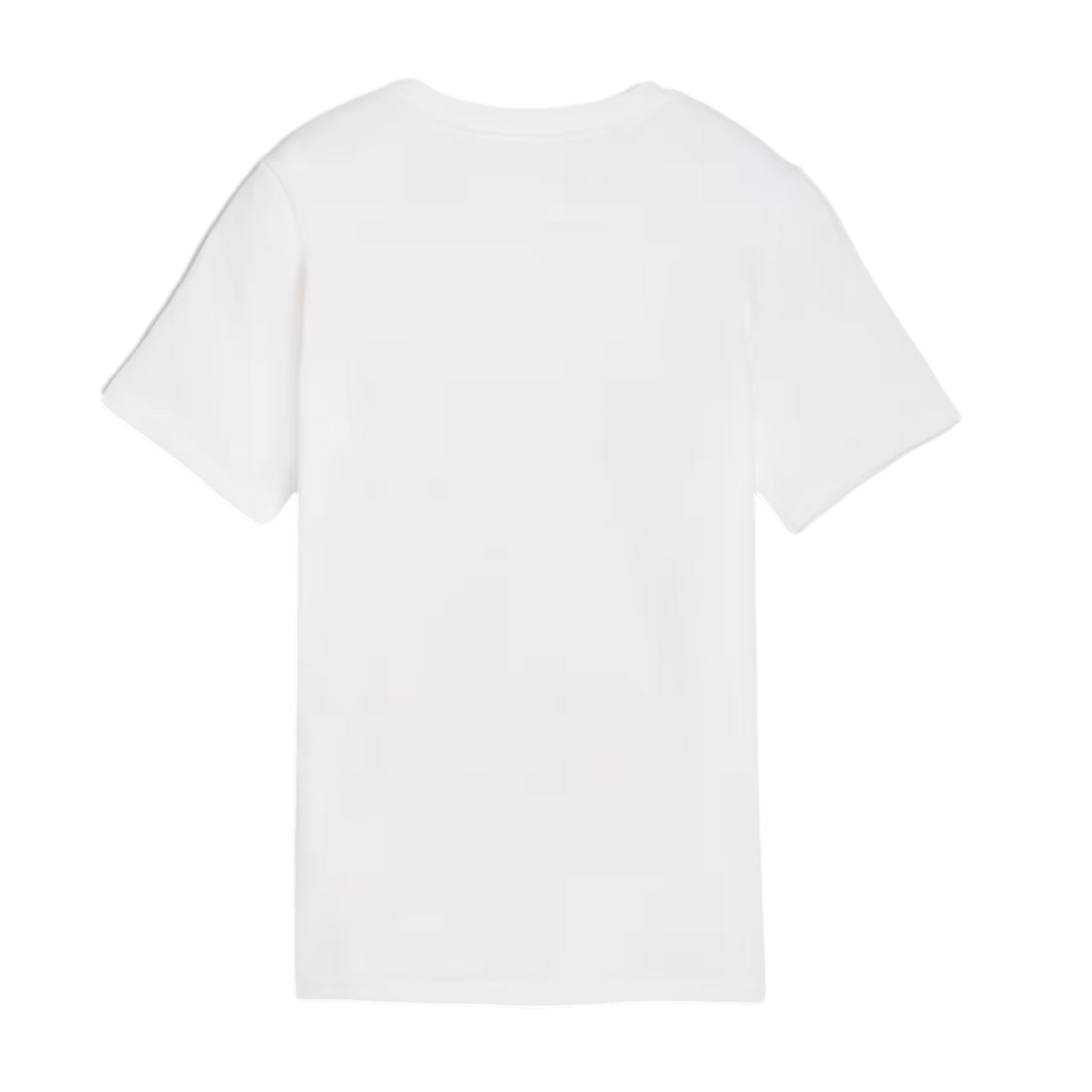 The back of a plain white short-sleeved T-shirt against a solid black background.