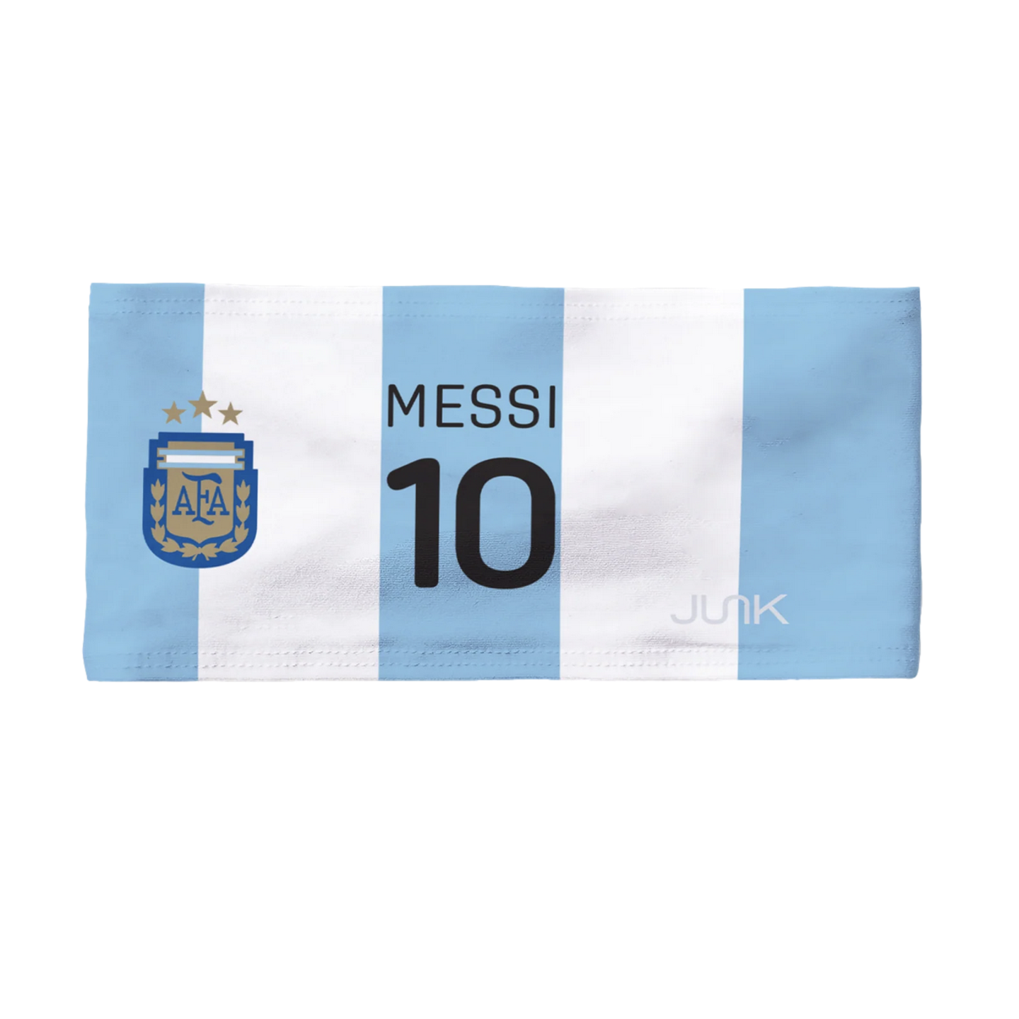 Light blue and white striped headband featuring the Argentina national soccer team crest and "MESSI 10" in black text.