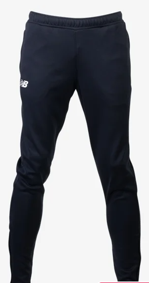 Dark navy New Balance joggers with a white logo on the right thigh and tapered legs against a white background.