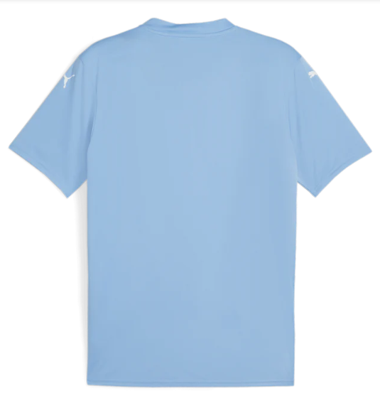Back view of a light blue short-sleeved sports jersey with white Puma logos on both shoulders, shown flat against a white background.