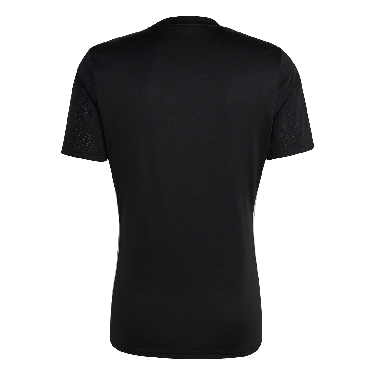Rear view of a black short-sleeved sports jersey with perforated mesh sleeves and white side stripes, displayed against a white background.