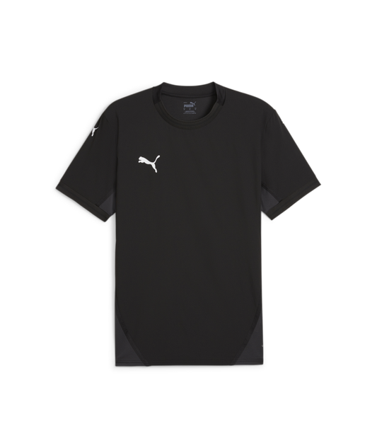 Black Puma short-sleeve athletic t-shirt with white logos on the chest and sleeve, and dark gray side panels.
