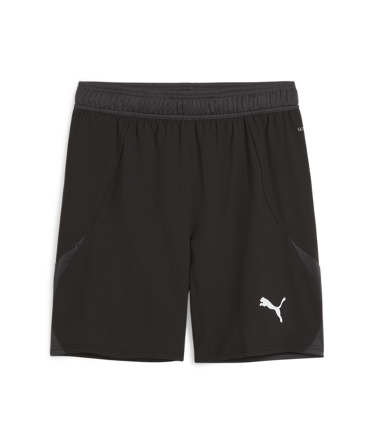 Black Puma athletic shorts with a white leaping cat logo on the left leg and gray side inserts.