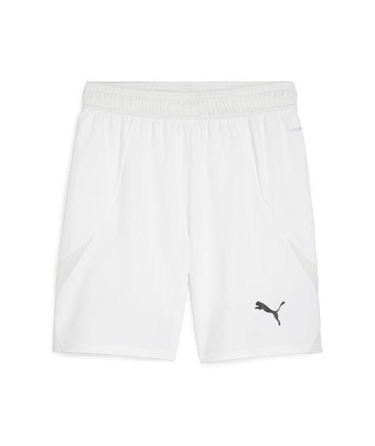 White Puma athletic shorts with a black logo on the right leg, mesh side panels, and an elastic waistband.