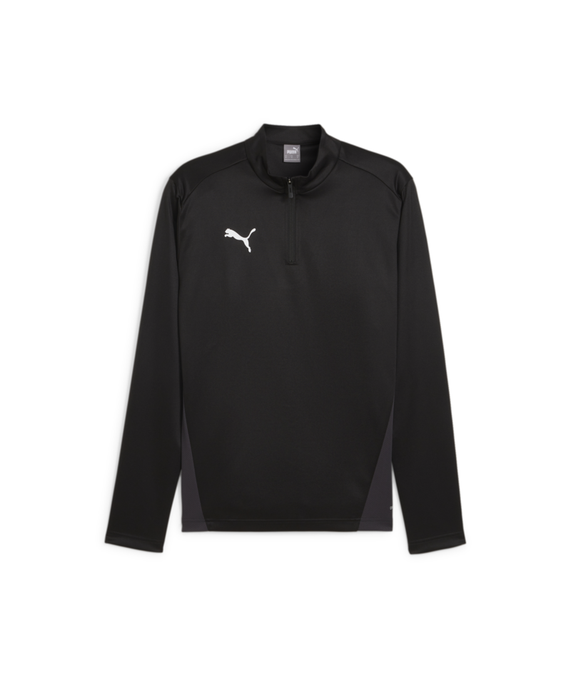 A black Puma long-sleeve quarter-zip athletic top featuring a white logo on the chest and grey side panels, shown against a black background.