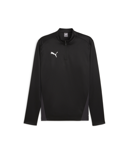 A black Puma long-sleeve quarter-zip athletic top featuring a white logo on the chest and grey side panels, shown against a black background.