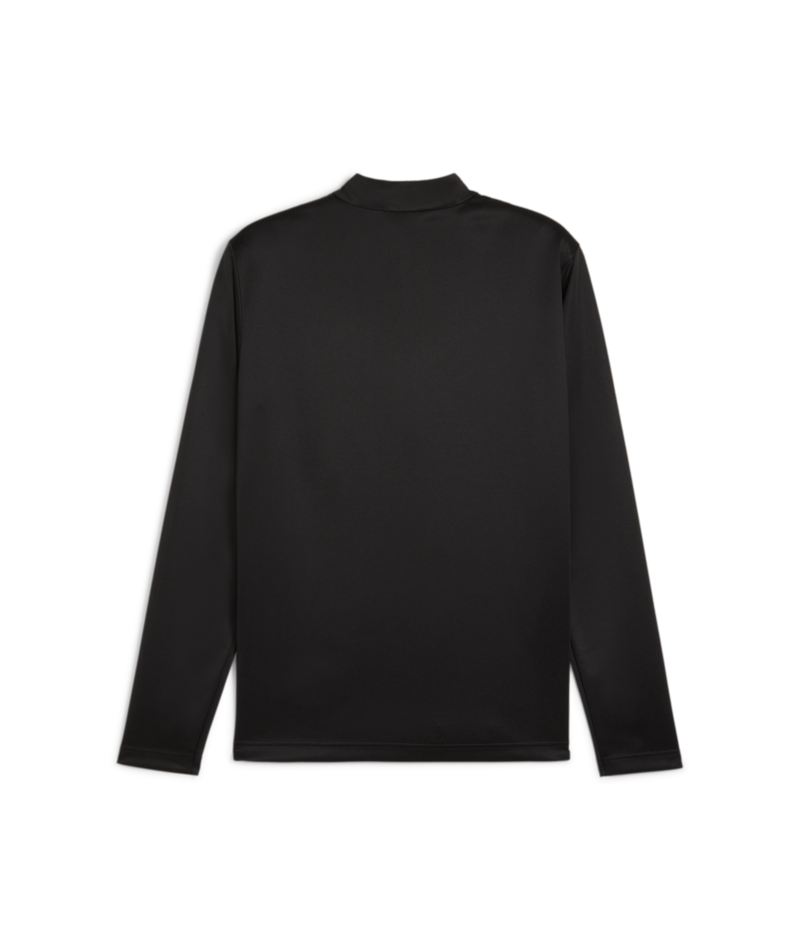 Back view of a plain black long-sleeved shirt with a mock neck collar against a black background.