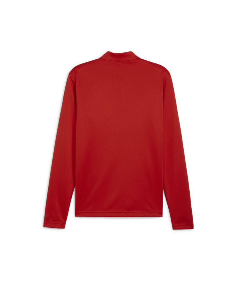 Back view of a long-sleeved, solid red polo shirt against a black background.