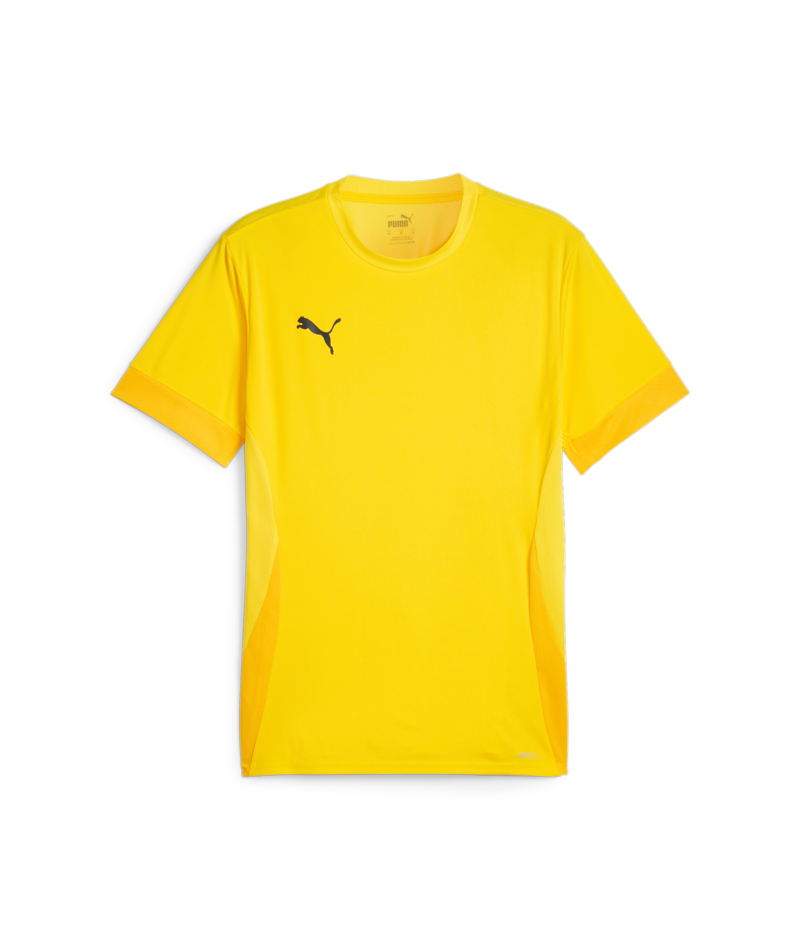 A yellow, short-sleeved Puma sports t-shirt with a black logo on the chest and breathable mesh panels on the sides and sleeve cuffs.