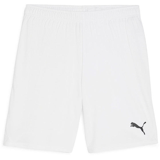 A pair of white Puma athletic shorts featuring an elastic waistband and a small black brand logo on the lower leg.