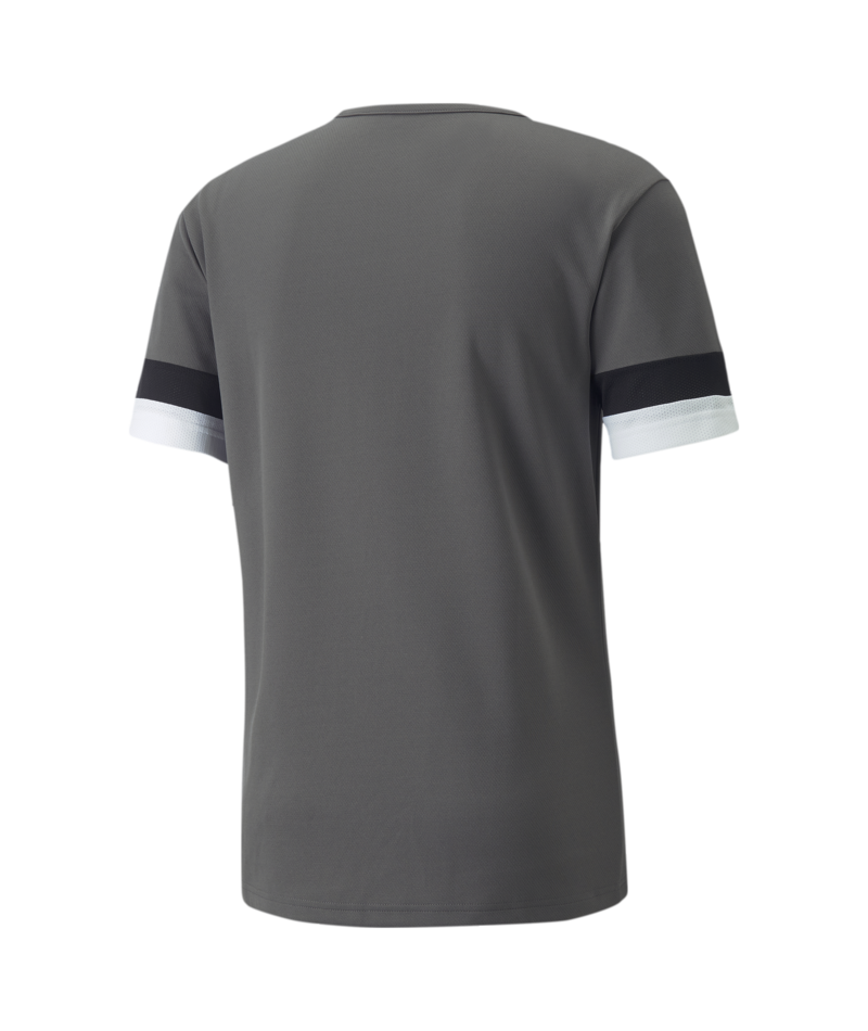 Back view of a grey short-sleeved T-shirt with black and white horizontal bands on the sleeve cuffs.