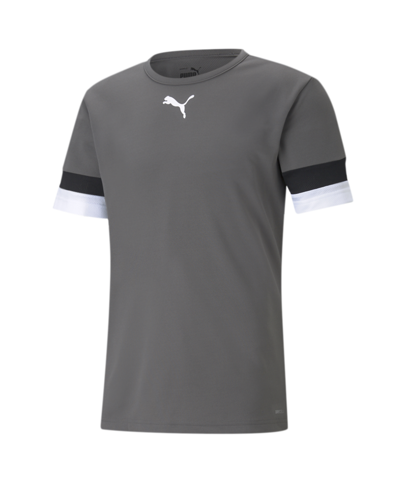 Grey Puma short-sleeve shirt with a white cat logo on the chest and black and white striped sleeve cuffs.
