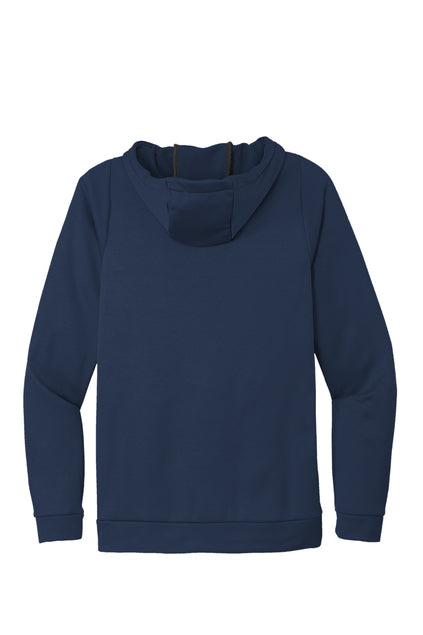 Back view of a navy blue hooded sweatshirt featuring long sleeves with ribbed cuffs and a ribbed hem.