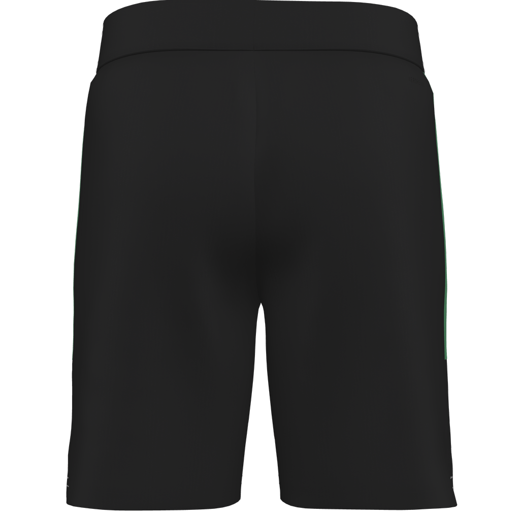 Back view of a pair of black athletic shorts with an elastic waistband and a thin green stripe along the side.