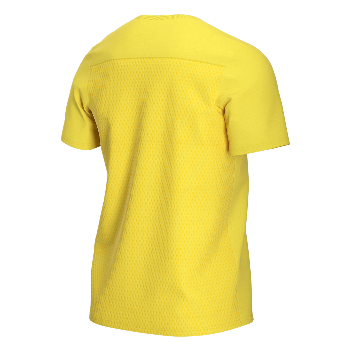 Back view of a bright yellow short-sleeved t-shirt with a mesh-textured back panel.