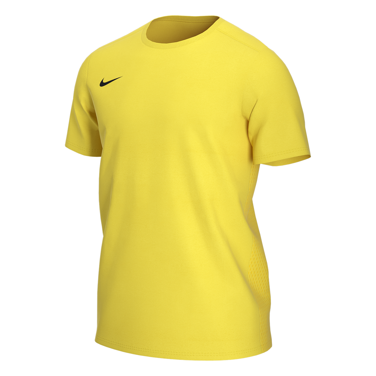 A bright yellow Nike athletic t-shirt with a black swoosh logo on the chest. It features a crew neck and short sleeves.