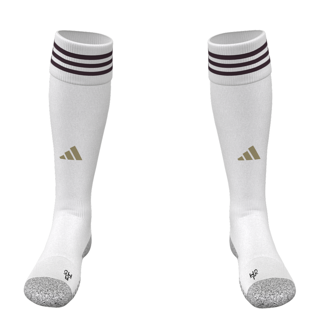 A pair of white Adidas knee-high soccer socks with three dark stripes on the cuff, a gold logo on the shin, and grey reinforced toes.
