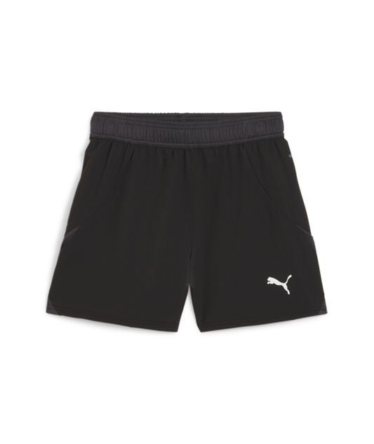 A pair of black Puma athletic shorts featuring a dark grey elastic waistband and a white Puma logo on the bottom left leg.