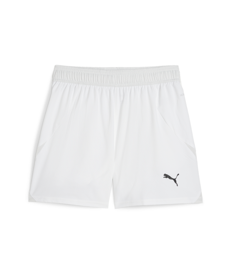 White Puma athletic shorts featuring an elastic waistband and a black leaping cat logo on the lower right leg.