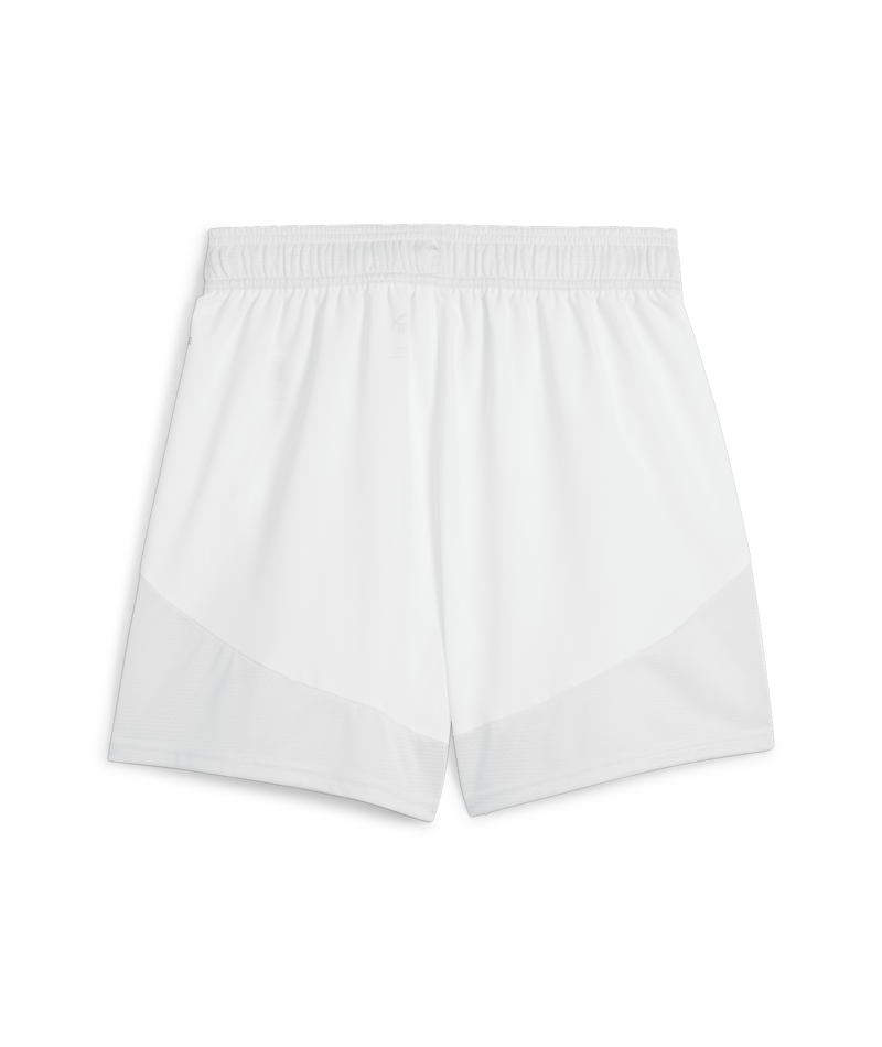 A back view of plain white athletic shorts featuring an elastic waistband and mesh inserts on the lower legs.