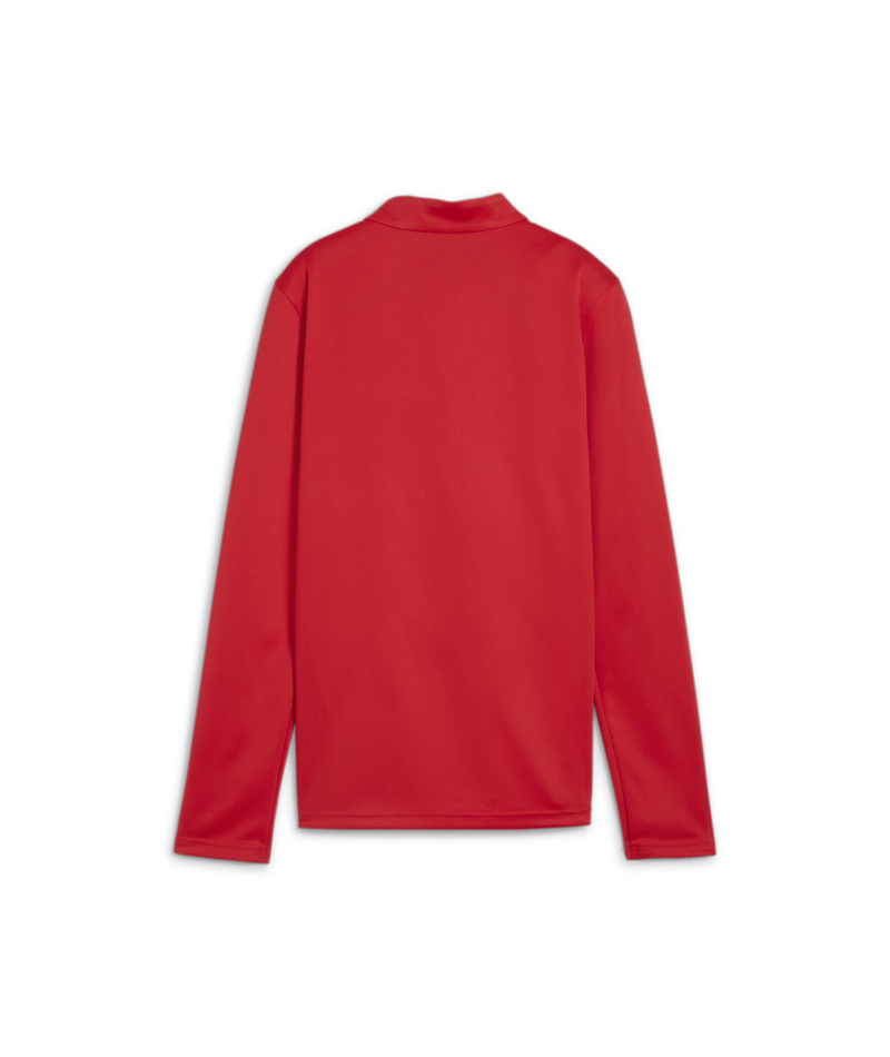 Back view of a plain red long-sleeved shirt with a high collar, displayed against a solid black background.