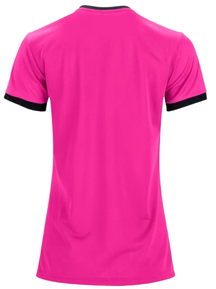 Back view of a bright pink short-sleeved athletic t-shirt with black trim on the collar and sleeve cuffs.