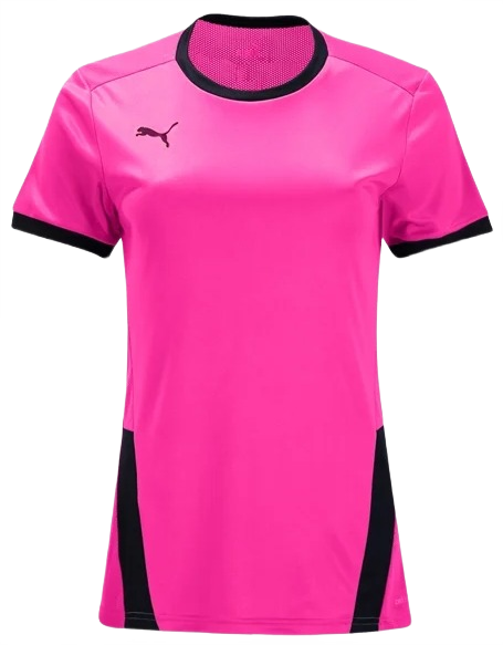 Bright pink Puma athletic shirt with black trim on the crew neck, sleeve cuffs, and side panels. The black Puma logo is on the left chest.