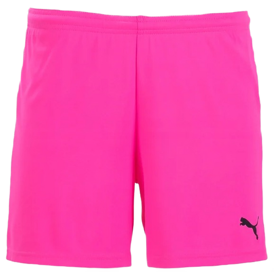 Bright pink Puma athletic shorts with an elastic waistband and a small black logo on the bottom left leg.