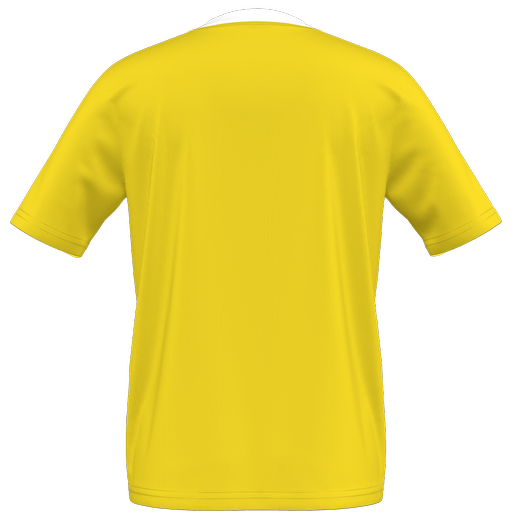 Back view of a plain yellow short-sleeved t-shirt with a white crew neck collar, set against a solid black background.