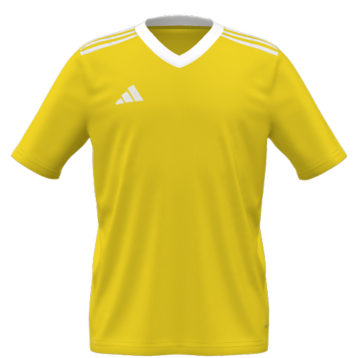 A bright yellow short-sleeved athletic jersey featuring white shoulder stripes, a white V-neck collar, and a white logo on the chest.