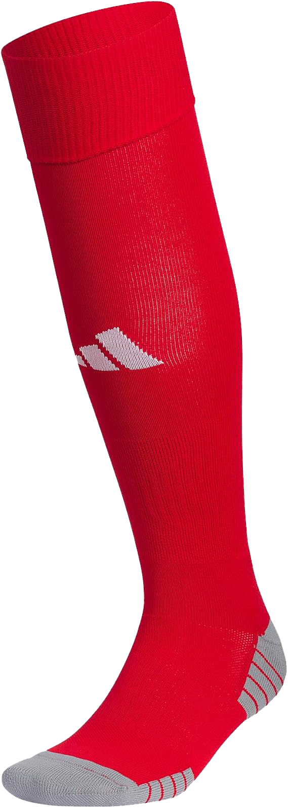 Red Adidas knee-high soccer sock featuring a white logo and grey reinforced toe and heel.