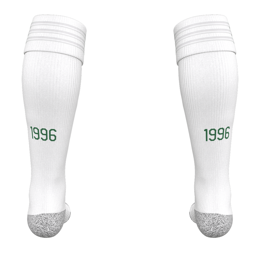 Pair of white athletic socks viewed from behind, featuring the year 1996 in green text on the calf and gray heels.