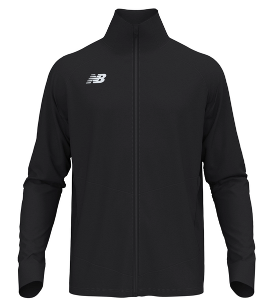 Black New Balance full-zip athletic jacket with a white logo on the right chest and a stand-up collar.