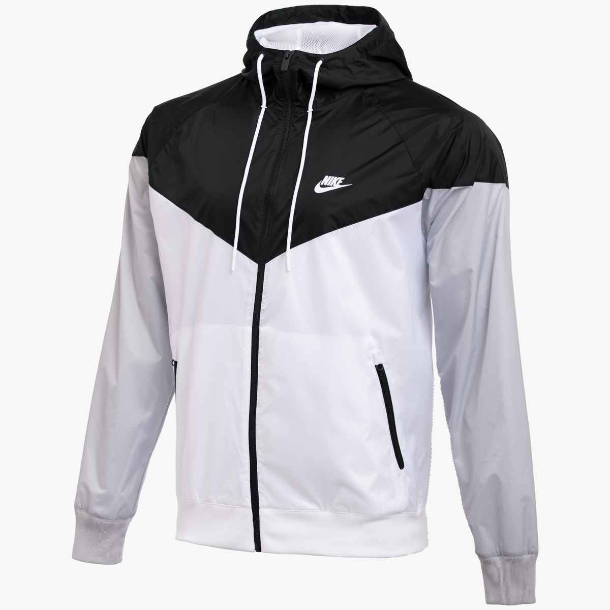 Nike windbreaker with a black hood and chest, white chevron middle, and grey sleeves. Includes a full zipper and white drawstrings.